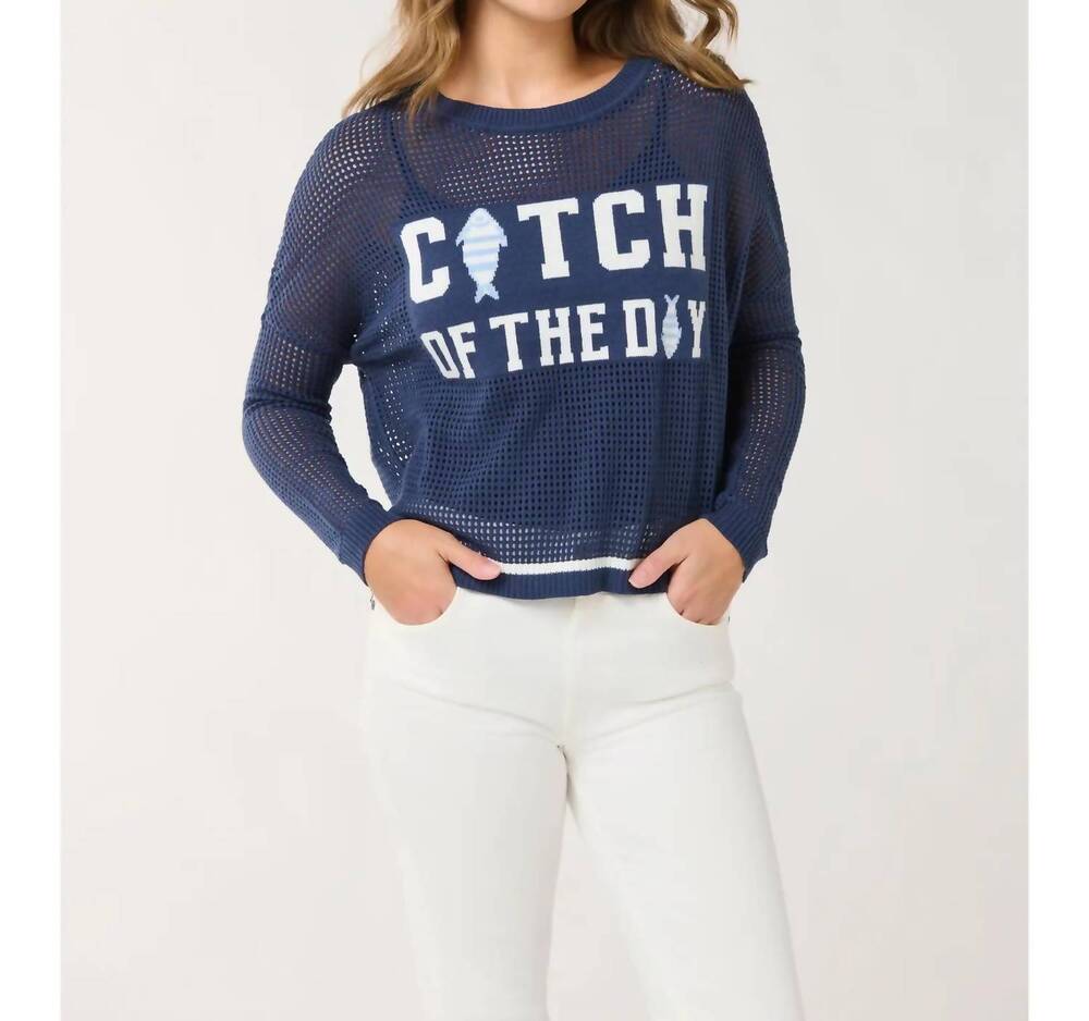 NEW SHIRALEAH catch of the day mesh sweater in navy
